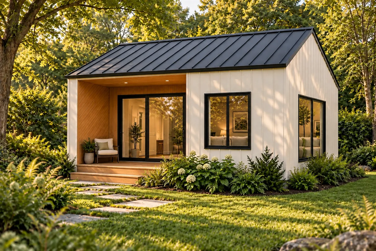 Lumara Studio with a front living-area window, white vertical siding and recessed timber porch