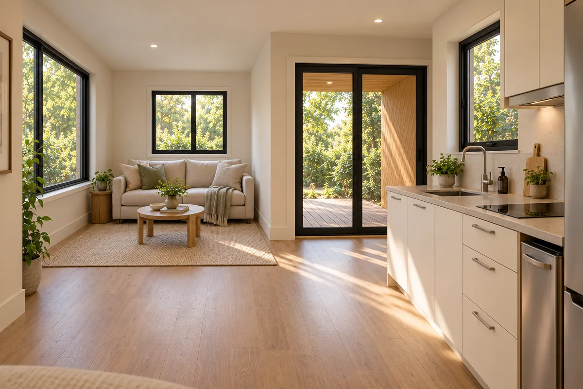 Lumara Studio living area, front window and kitchen