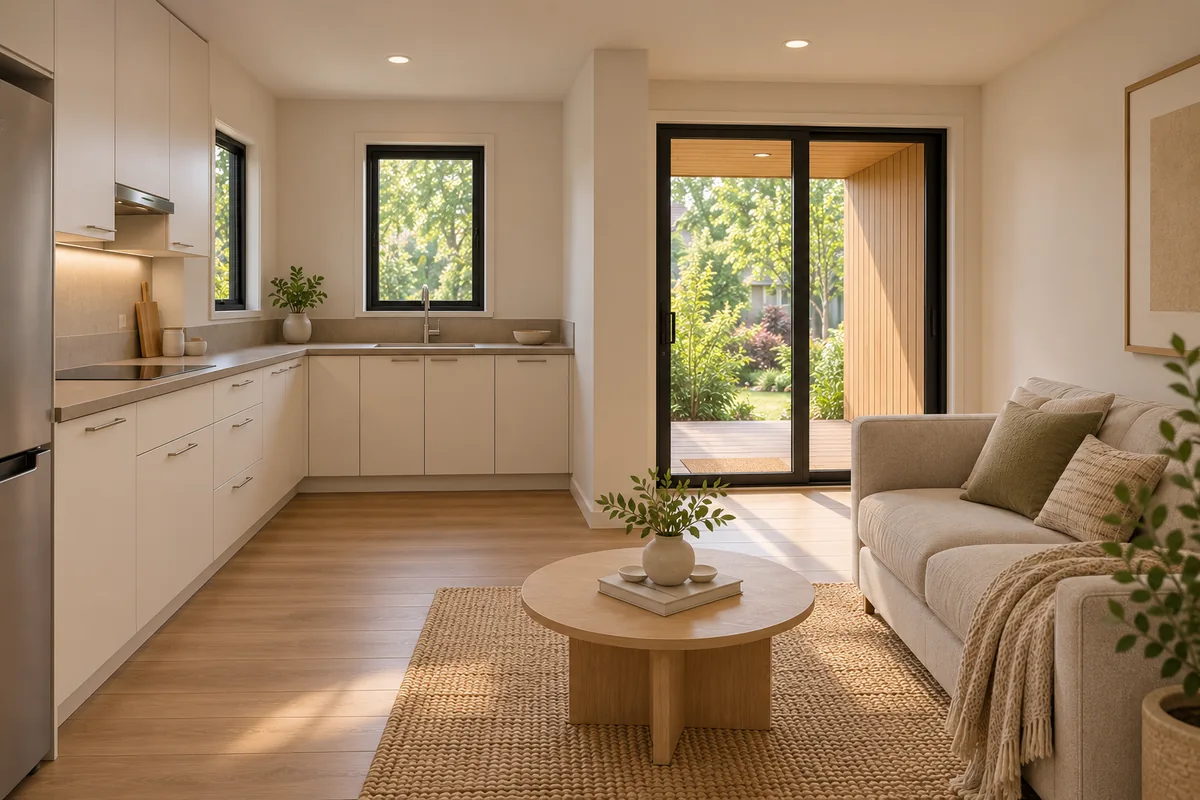 Lumara One Bedroom living area and L-shaped kitchen