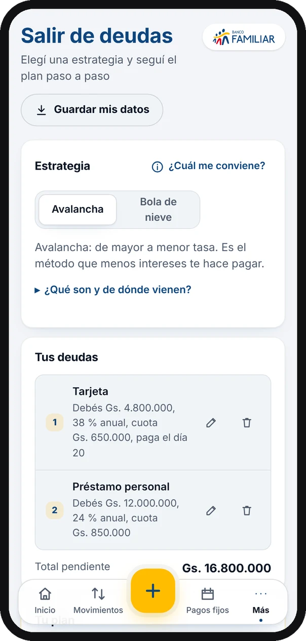 Pantalla de Salir de deudas en el celular, con estrategia avalancha y lista de deudas