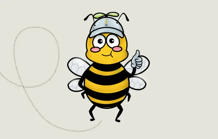 Cartoon einer Biene mit gelb-schwarzen Streifen, die eine weiße Cap trägt und den Daumen nach oben zeigt.