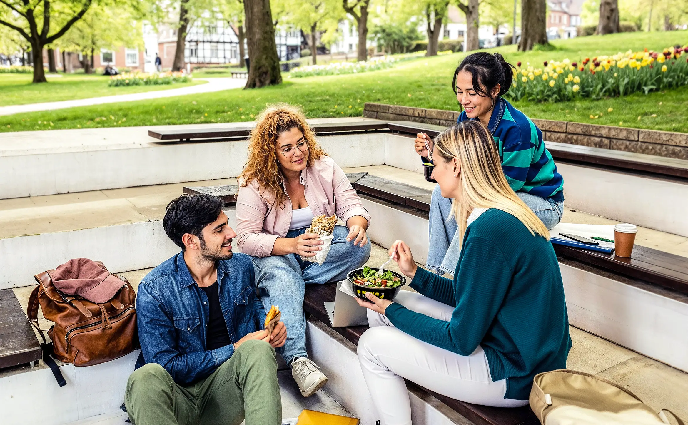Vier Studierende sitzen im Freien in einem Park auf Stufen und essen aus Mehrwegschalen.