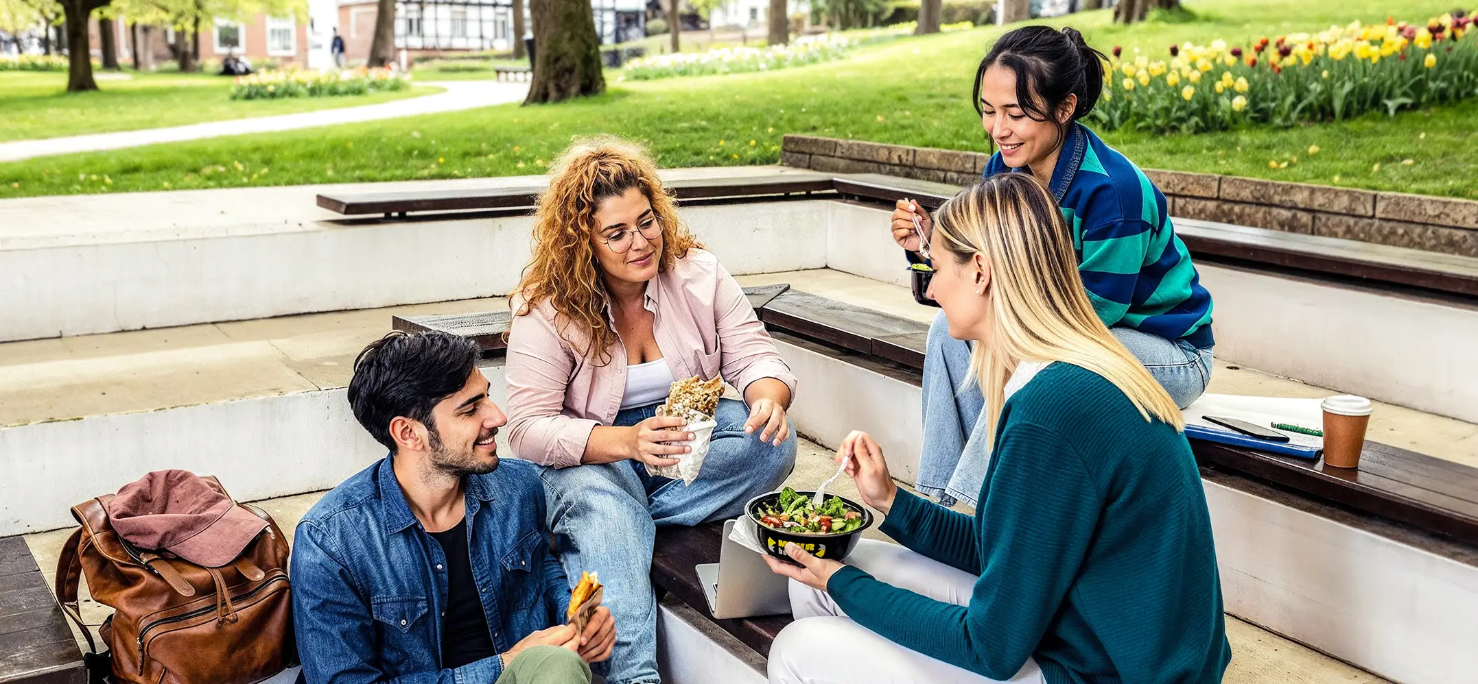 Vier Studierende sitzen im Freien in einem Park auf Stufen und essen aus Mehrwegschalen.