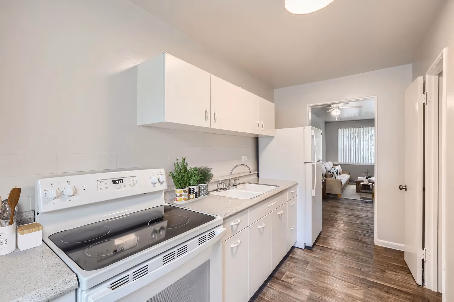 kitchen with grey counters and cabinets 
