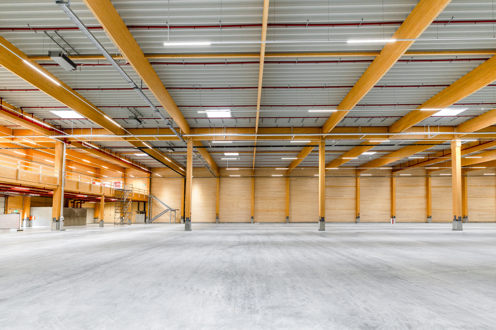Architekturfotografie: Innenansicht der Logistikhalle mit sichtbarer Holzdachkonstruktion