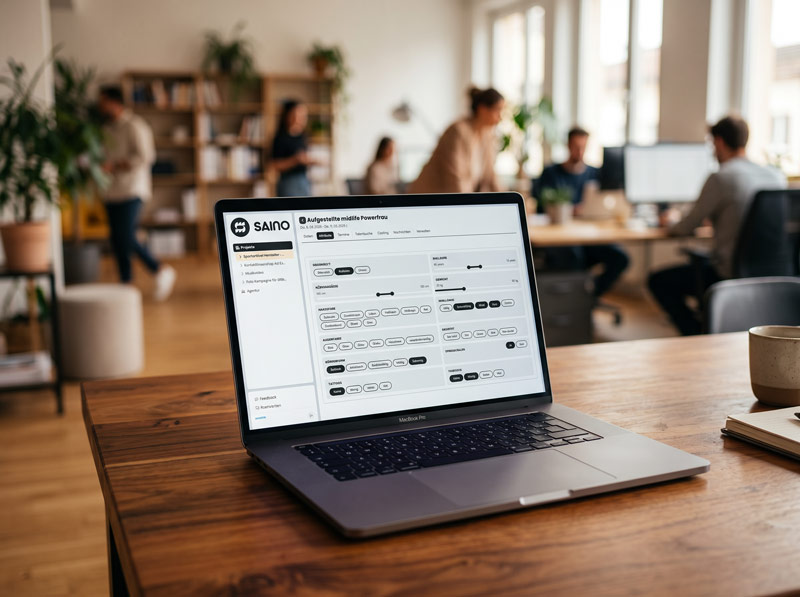 Open laptop on wooden desk showing software interface with blurred office background and people working.