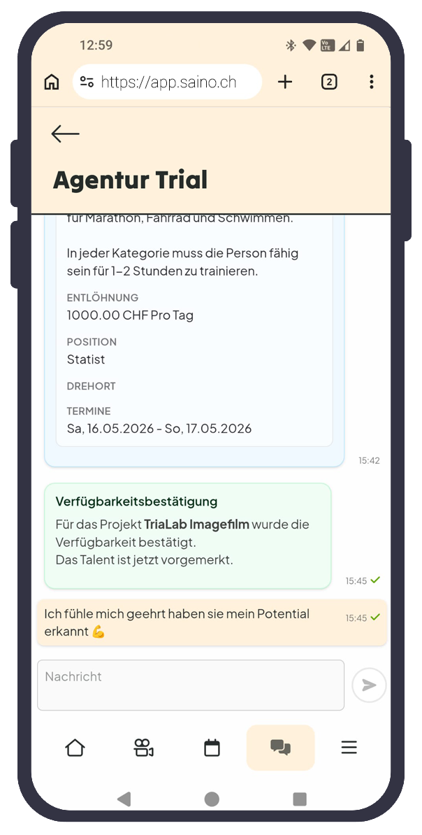 Smartphone screen showing a chat about 'Agentur Trial' project with job details and confirmation messages in German.