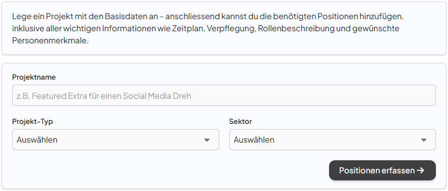 German project creation form with fields for project name, type, sector, and a button labeled 'Positionen erfassen'.