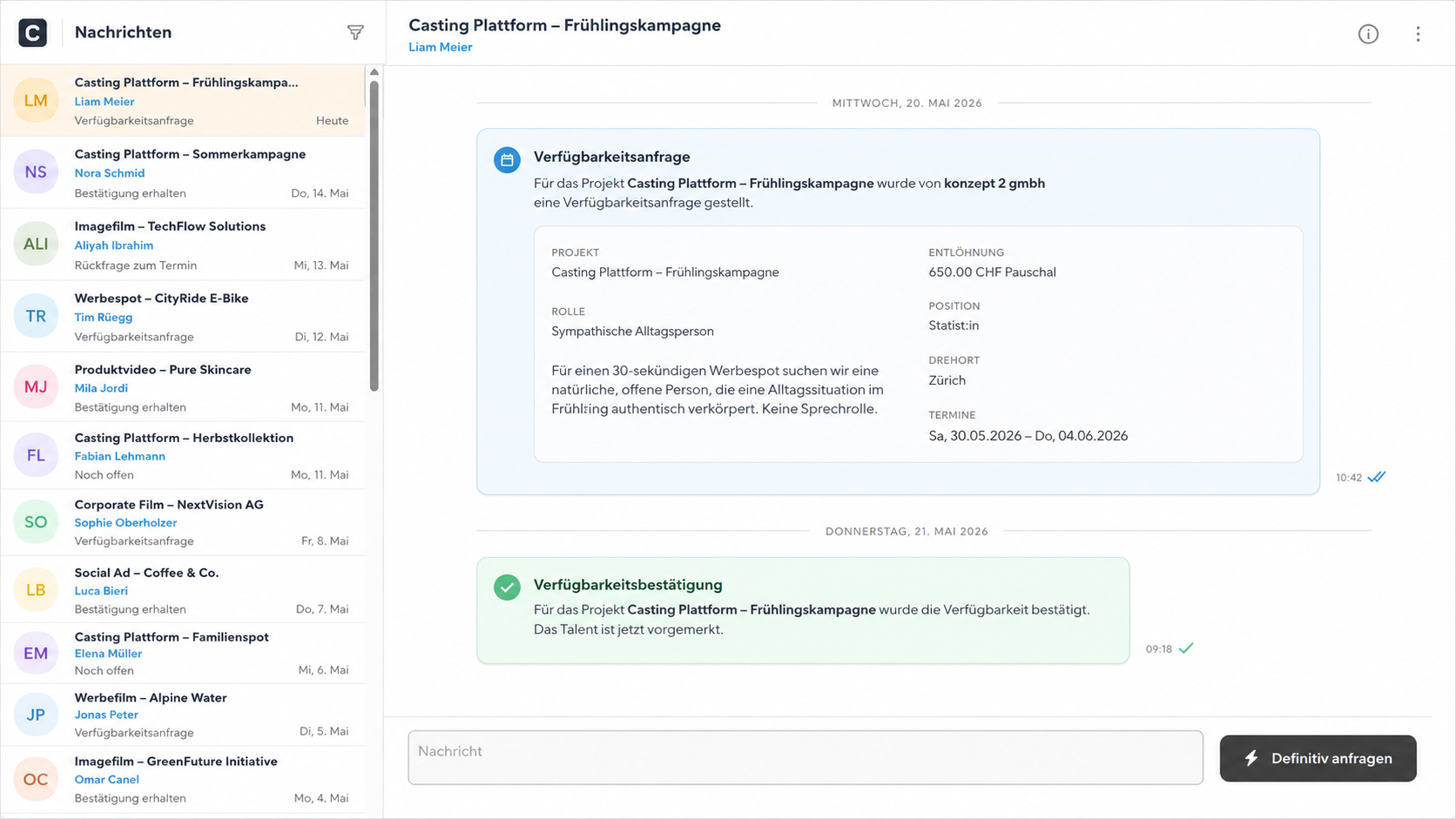 German casting platform messaging showing availability request and confirmation for spring campaign project.