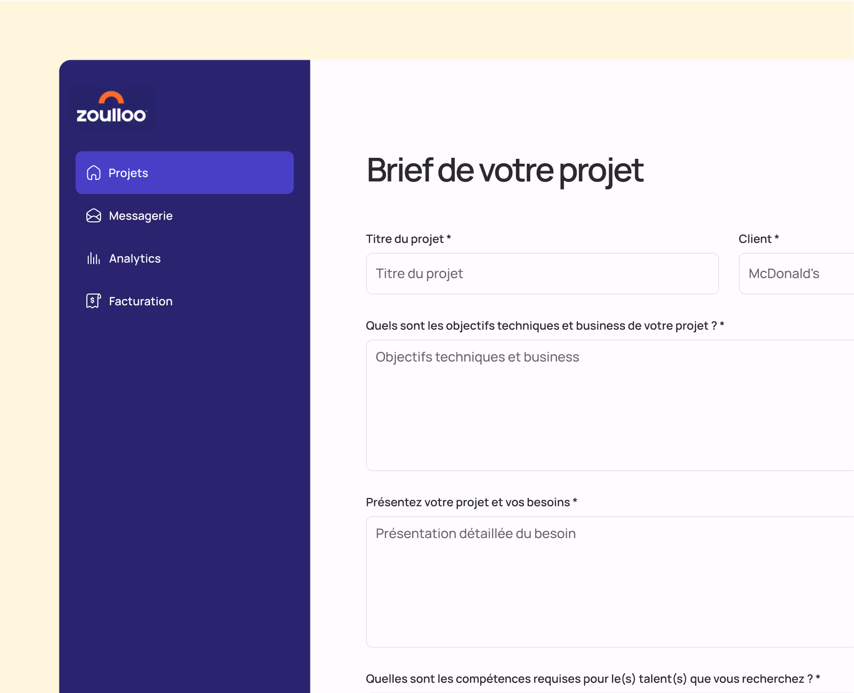 Capture d'écran du processus de dépôt de mission sur la plateforme zoulloo