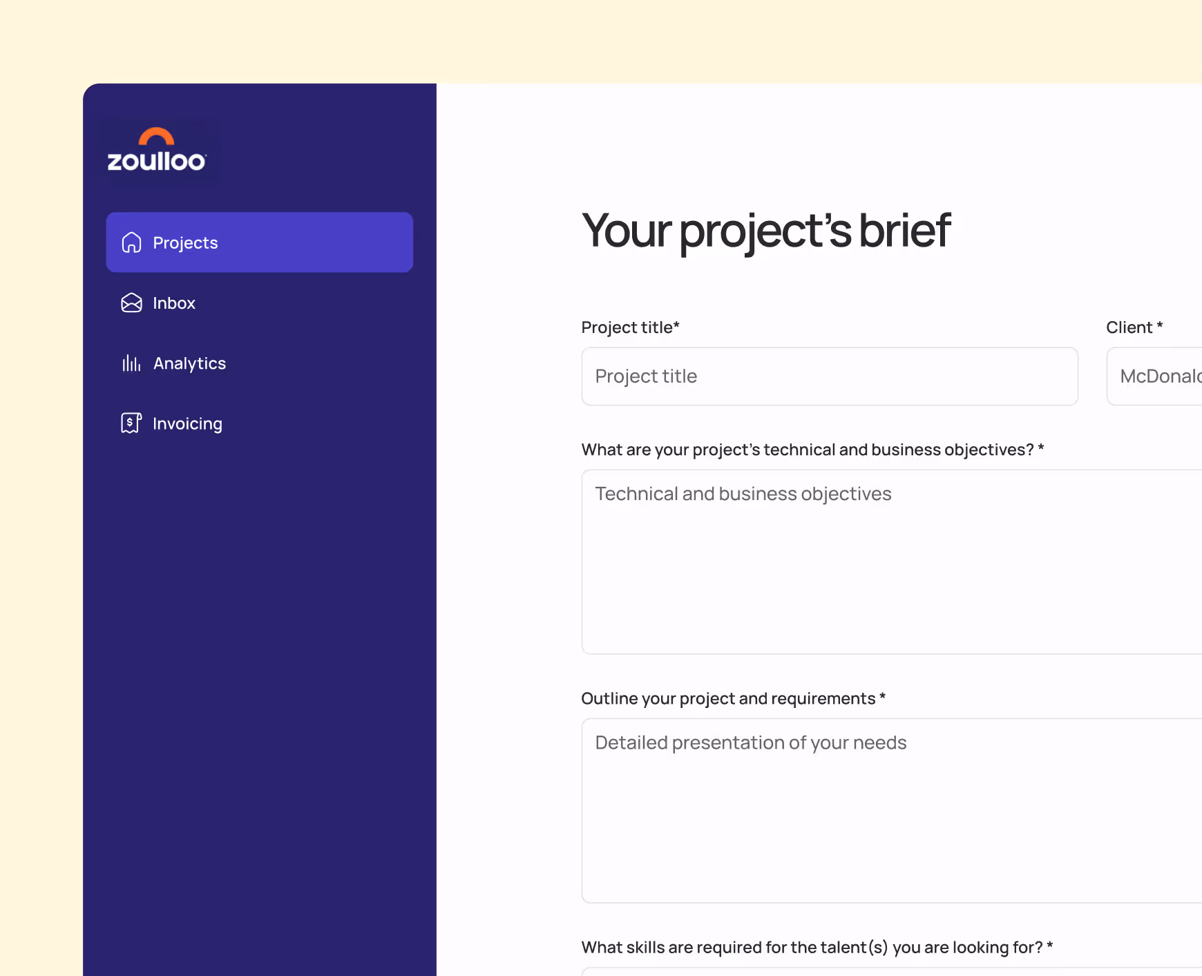 Screenshot of the project submission process on the zoulloo platform