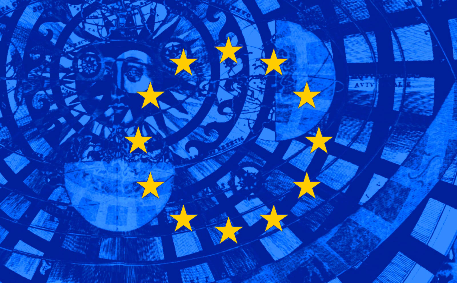 European flag with Copernicus heliocentric model — Universe City design