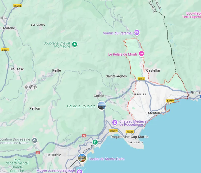 Carte des zones d’intervention Toitflex autour de Menton : Roquebrune, Gorbio, Castellar, Sainte-Agnès