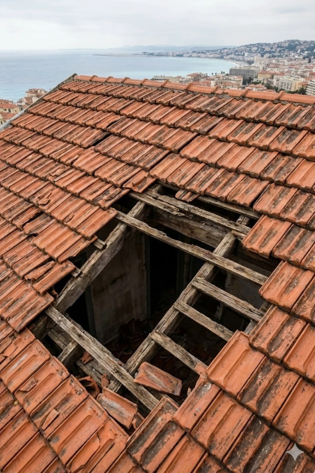 Toiture ancienne très abîmée à Nice avec trou béant et tuiles cassées, charpente apparente avant rénovation et étanchéité.