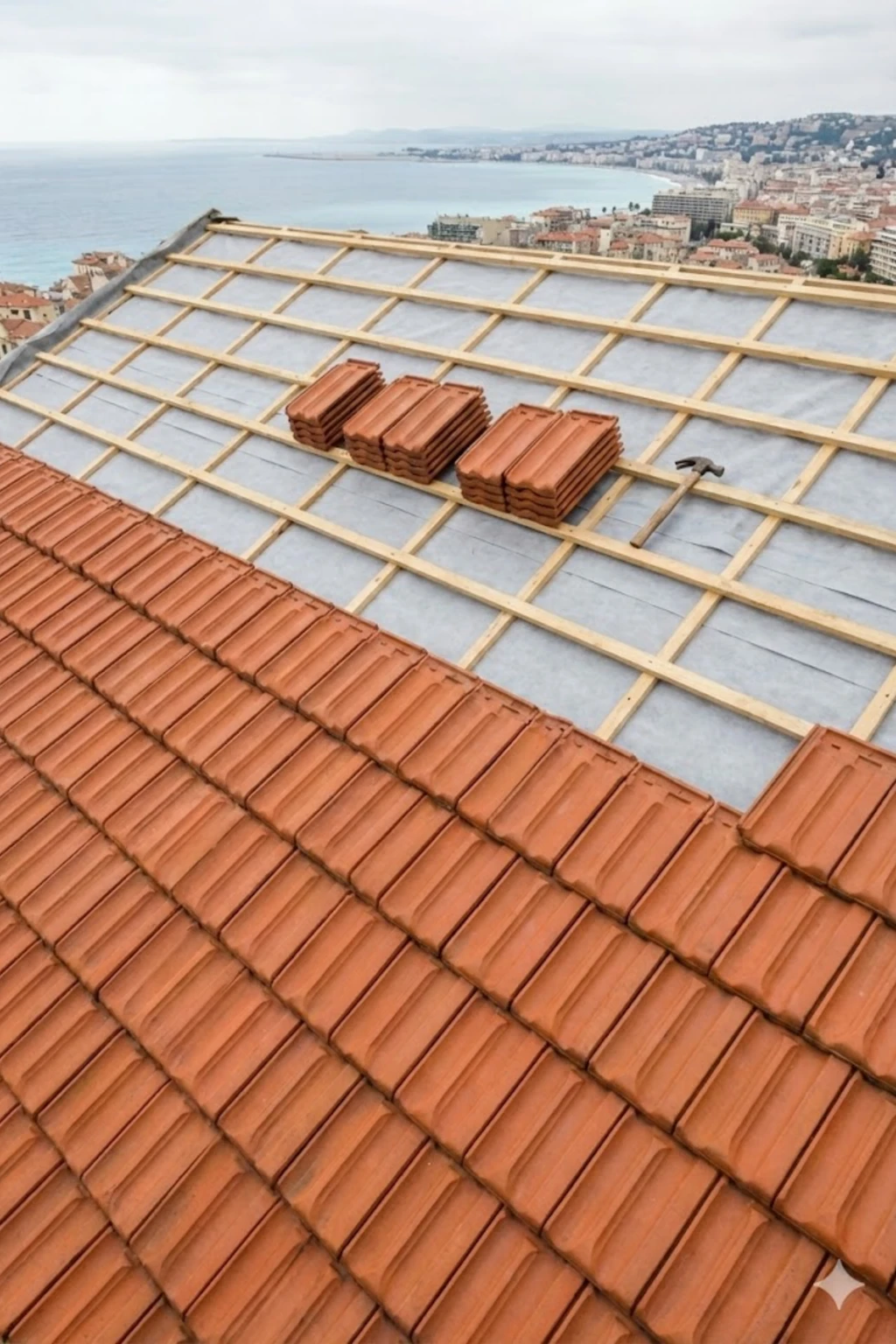 Toiture rénovée à Nice avec tuiles rouges alignées, couverture étanche et protégée pour l’hiver, vue sur la baie de Nice.