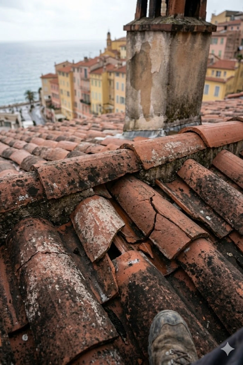 Infiltration d'eau grave et tuiles romanes poreuses sur un toit à Menton avant les travaux de rénovation Toitflex.