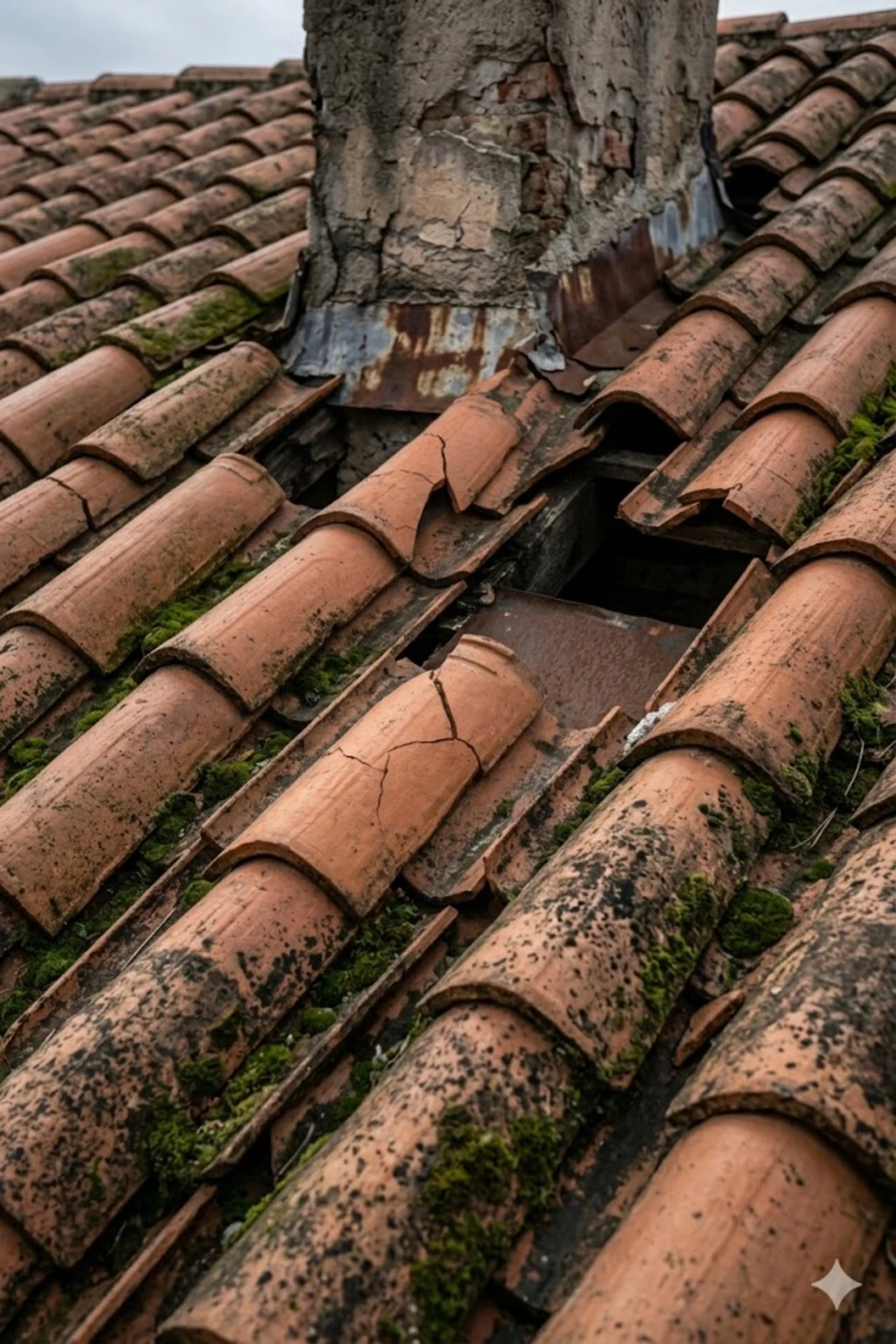 Toiture en tuiles romanes ancienne et abîmée à Nice avec des traces d'humidité visibles avant la rénovation d'étanchéité.