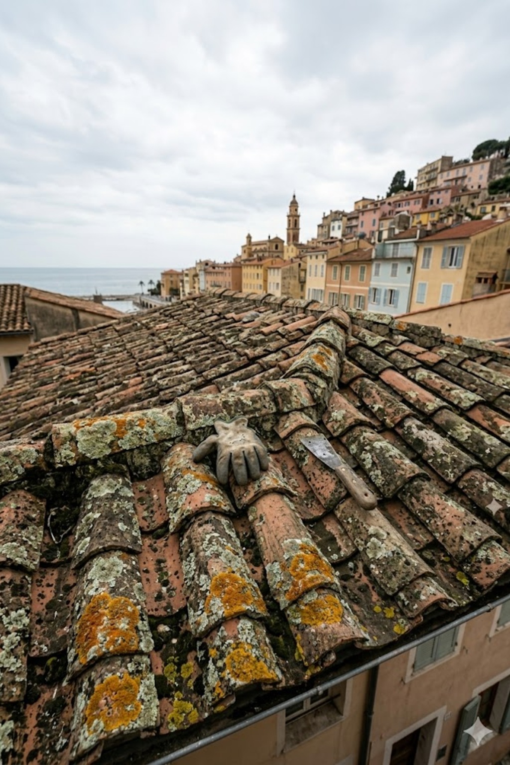 Toit en tuiles anciennes à Menton recouvert de mousse et de lichens avant intervention du couvreur Toitflex au printemps.