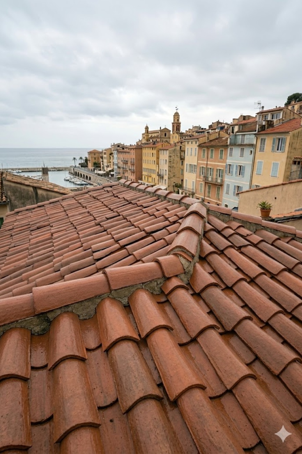 Toiture en tuiles romaines nettoyée et traitée à Menton après démoussage et application d'hydrofuge par l'équipe Toitflex.