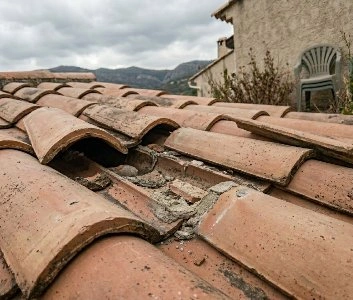 Tuile romaine soulevée par le vent venturi de la vallée du Var sur villa de Carros, risque de chute constaté en été.