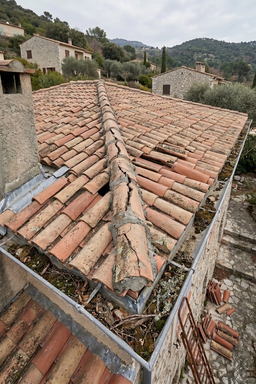Toiture de villa à Carros avant Toitflex : tuiles déplacées par le vent, faîtage fissuré et gouttières encrassées en été.
