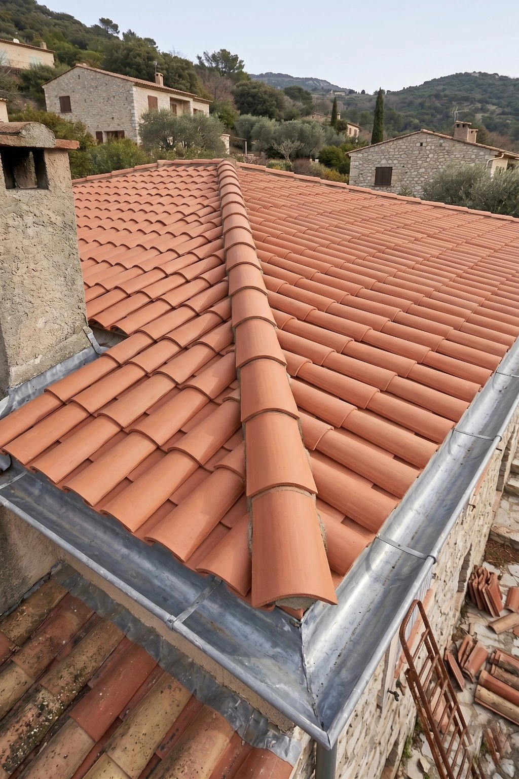 Villa de Carros après travaux Toitflex : isolation combles posée, tuiles reprises, faîtage rescellé, gouttières zinc propres.