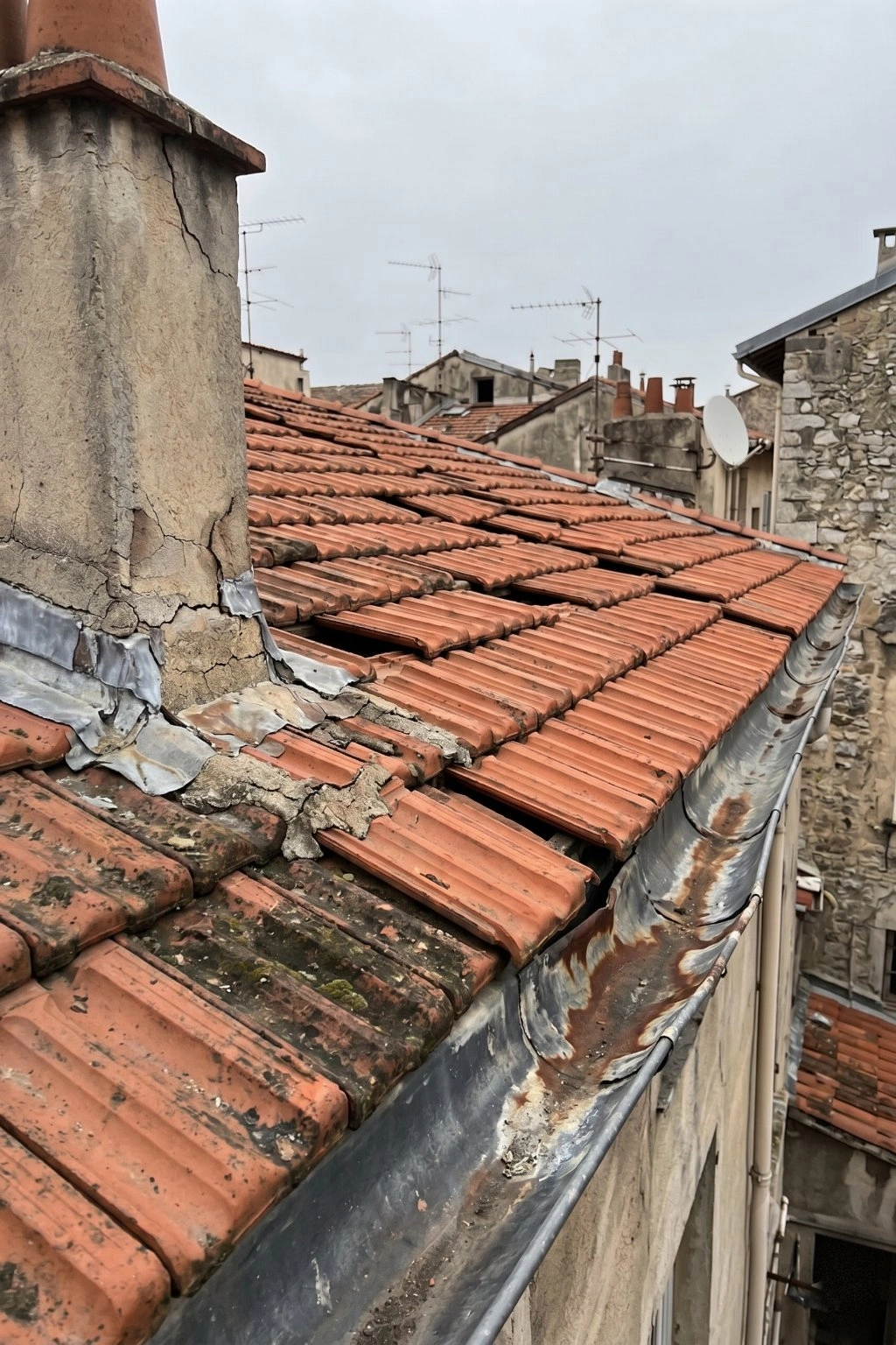 Toiture niçoise avant intervention Toitflex, tuiles romaines déplacées, gouttière zinc oxydée et solins fissurés.