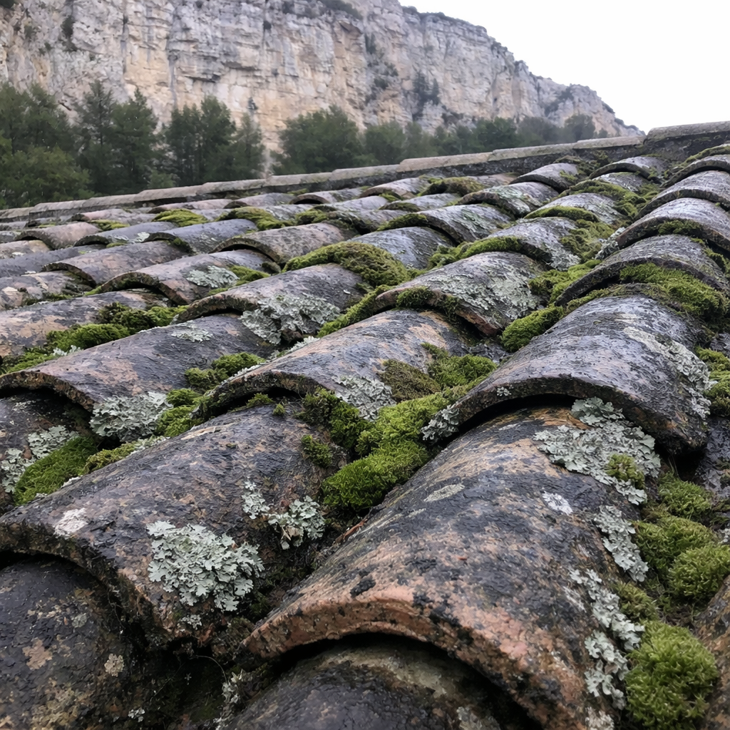 Versant nord d'une toiture vençoise colonisé par les mousses et lichens à l'ombre du Baou des Blancs.