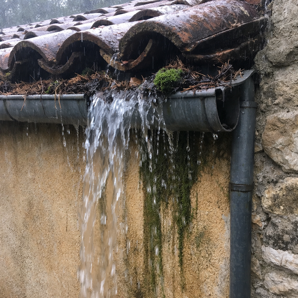 Chéneau saturé débordant sur une bastide de Vence après un épisode pluvieux, descente pluviale sous-dimensionnée.