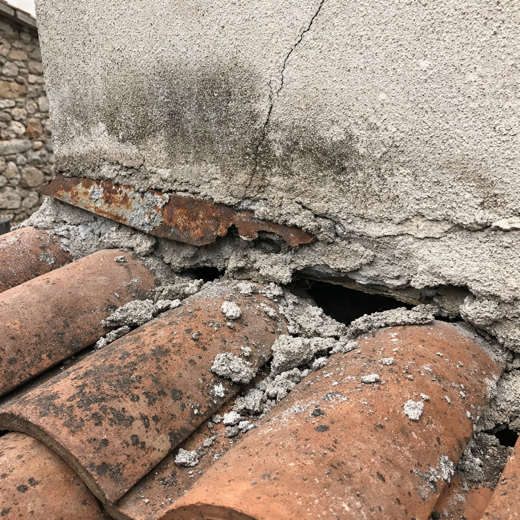 Solin de mur fissuré là où un toit bas rejoint la maison mitoyenne plus haute au hameau des Salettes, à Aspremont.