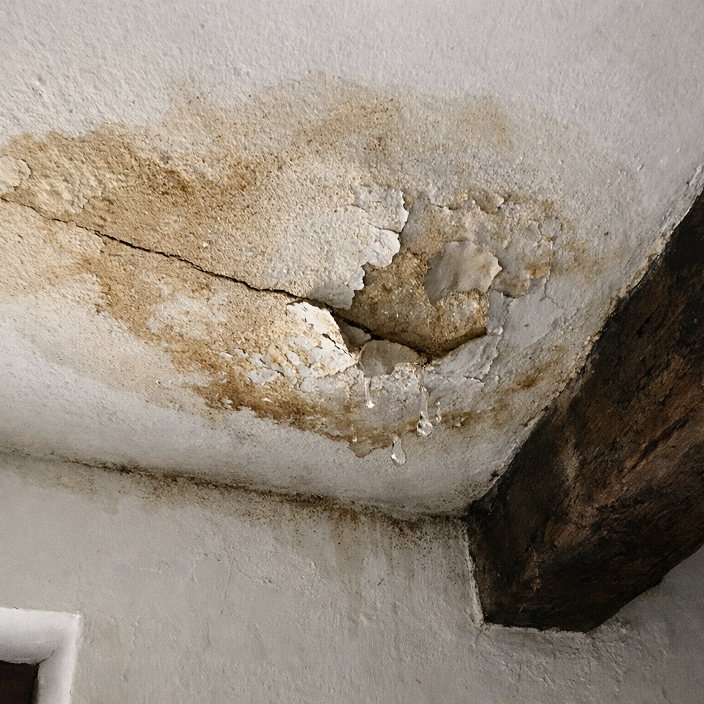 Trace d'infiltration sur un plafond aspremontois, l'eau du toit voisin ayant ruisselé sous l'égout bas.