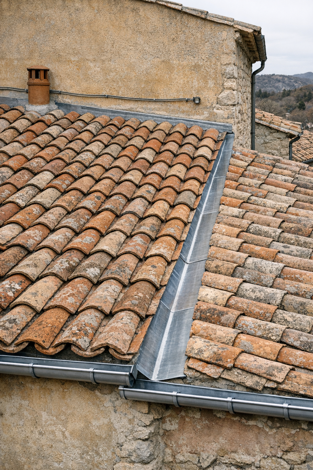 Même toiture à Aspremont après travaux Toitflex : noue refaite en zinc, chéneau neuf et solins de mur repris.