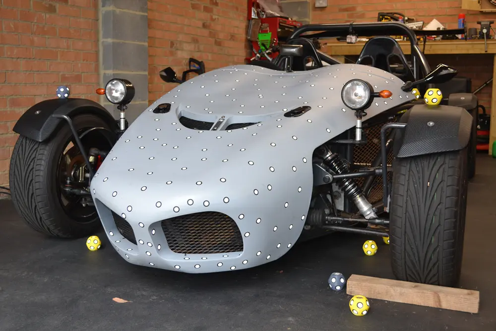 Kit car body covered in reference markers ready for full vehicle 3D scanning