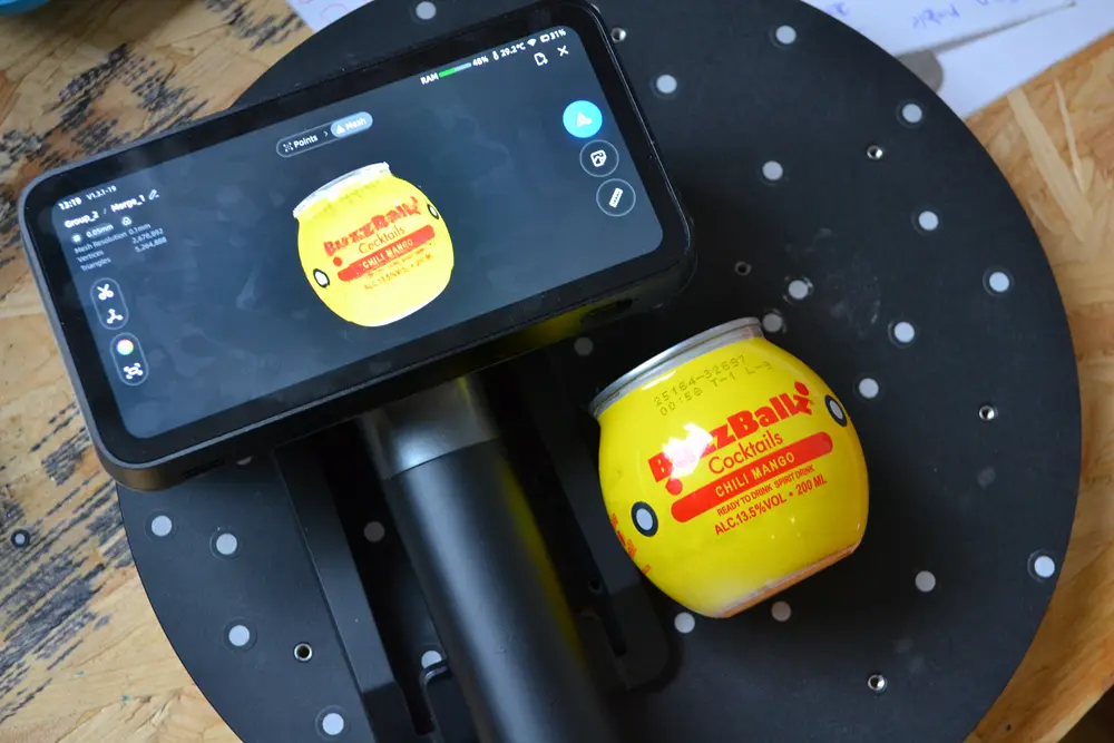 3D scanning a small consumer product on a marked turntable with a handheld scanner