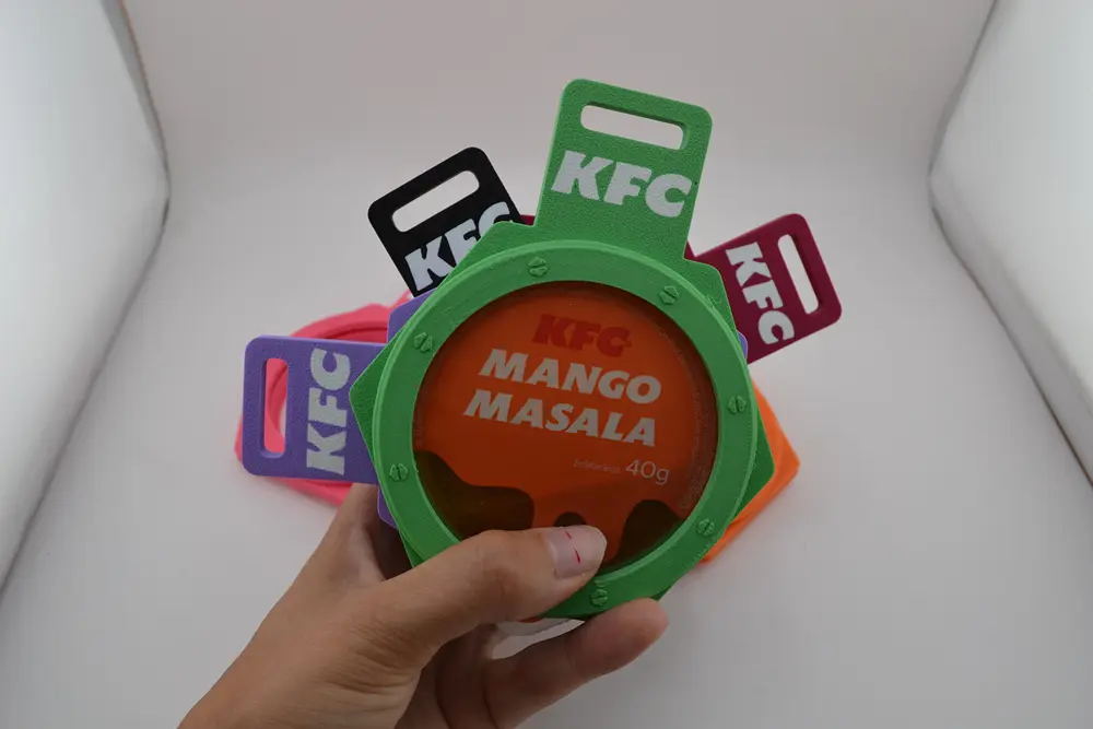Colour matched KFC branded clips manufactured in low volume by Nexform