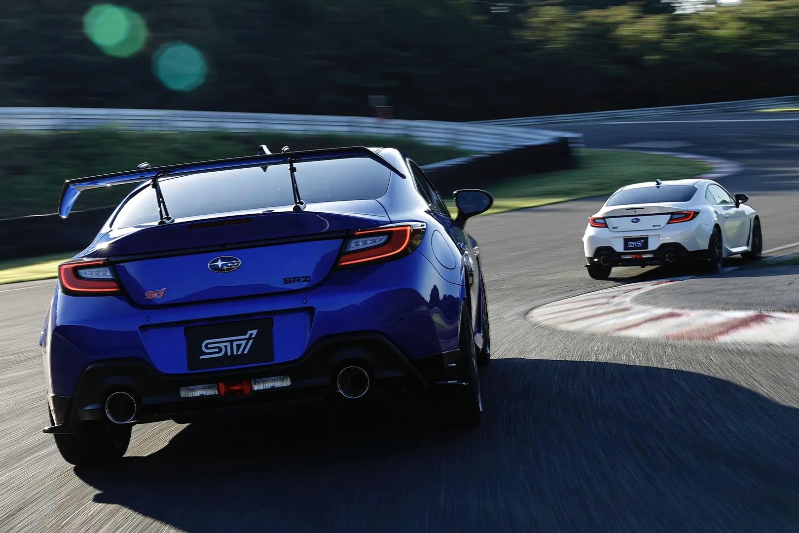 Subaru BRZ STI Sport Type RA rear tracking shot on racetrack