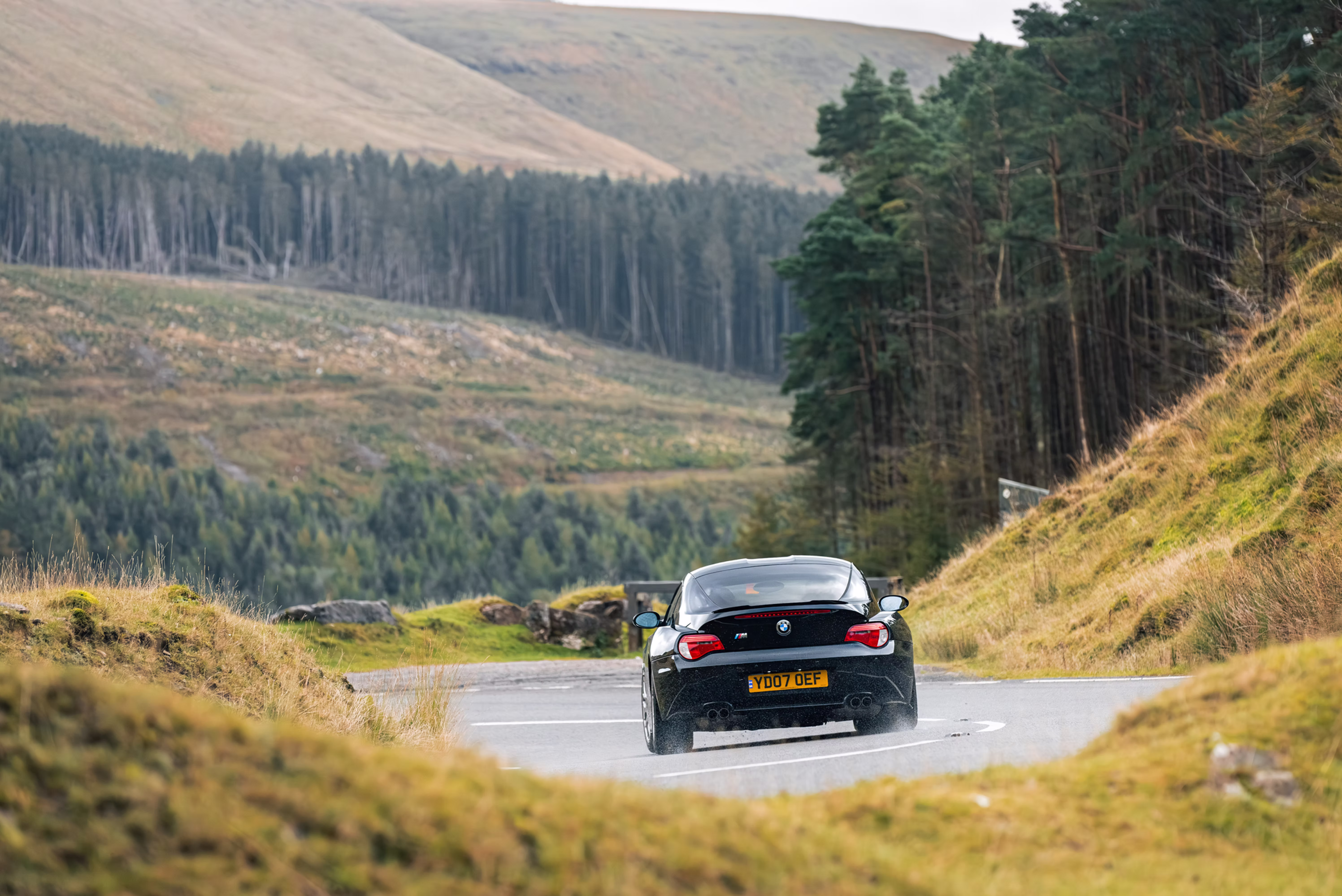 BMW Z4 M Coupe review rear tracking shot forest backdrop