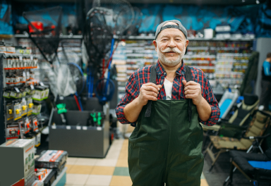 A proud business owner stands in his bait and tackle store.