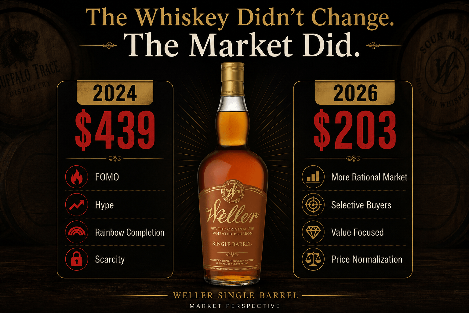 Comparison graphic illustrating how market sentiment surrounding Weller Single Barrel changed between 2024 and 2026.