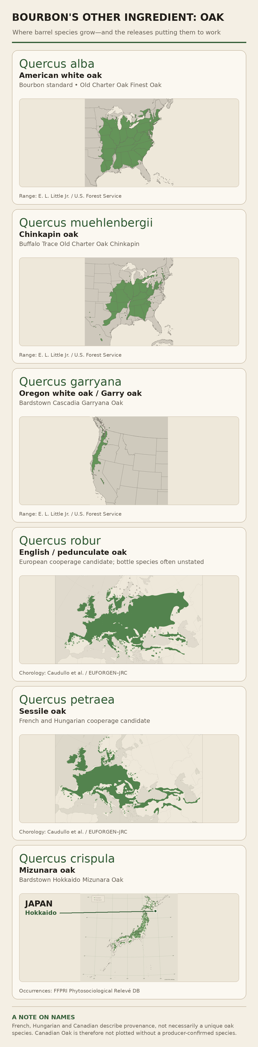 Natural distribution maps for American white oak, Chinkapin oak, Garry oak, European pedunculate and sessile oak, and Japanese Mizunara oak used in whiskey barrels