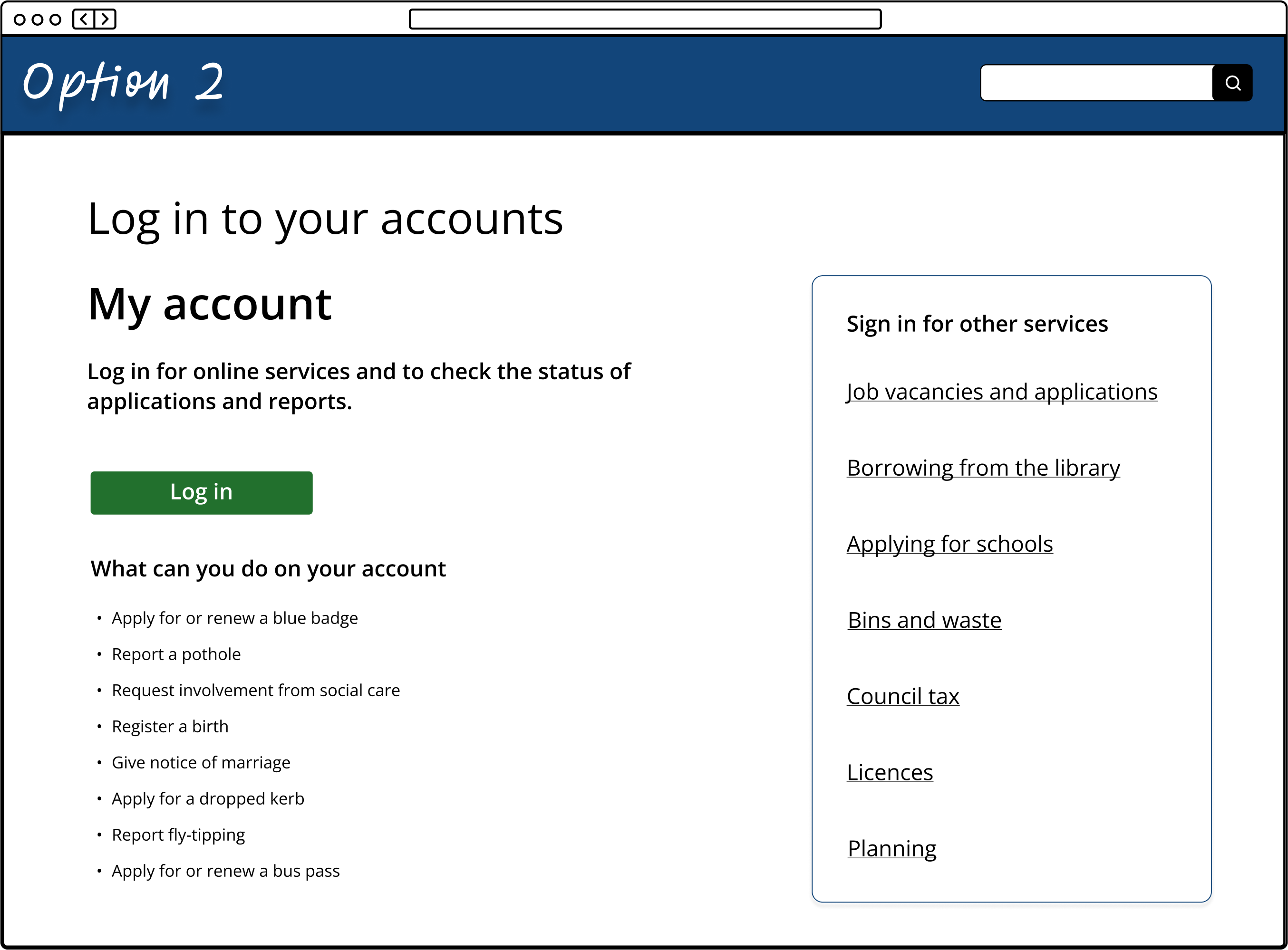 A my account page option showing one main account with links to other services