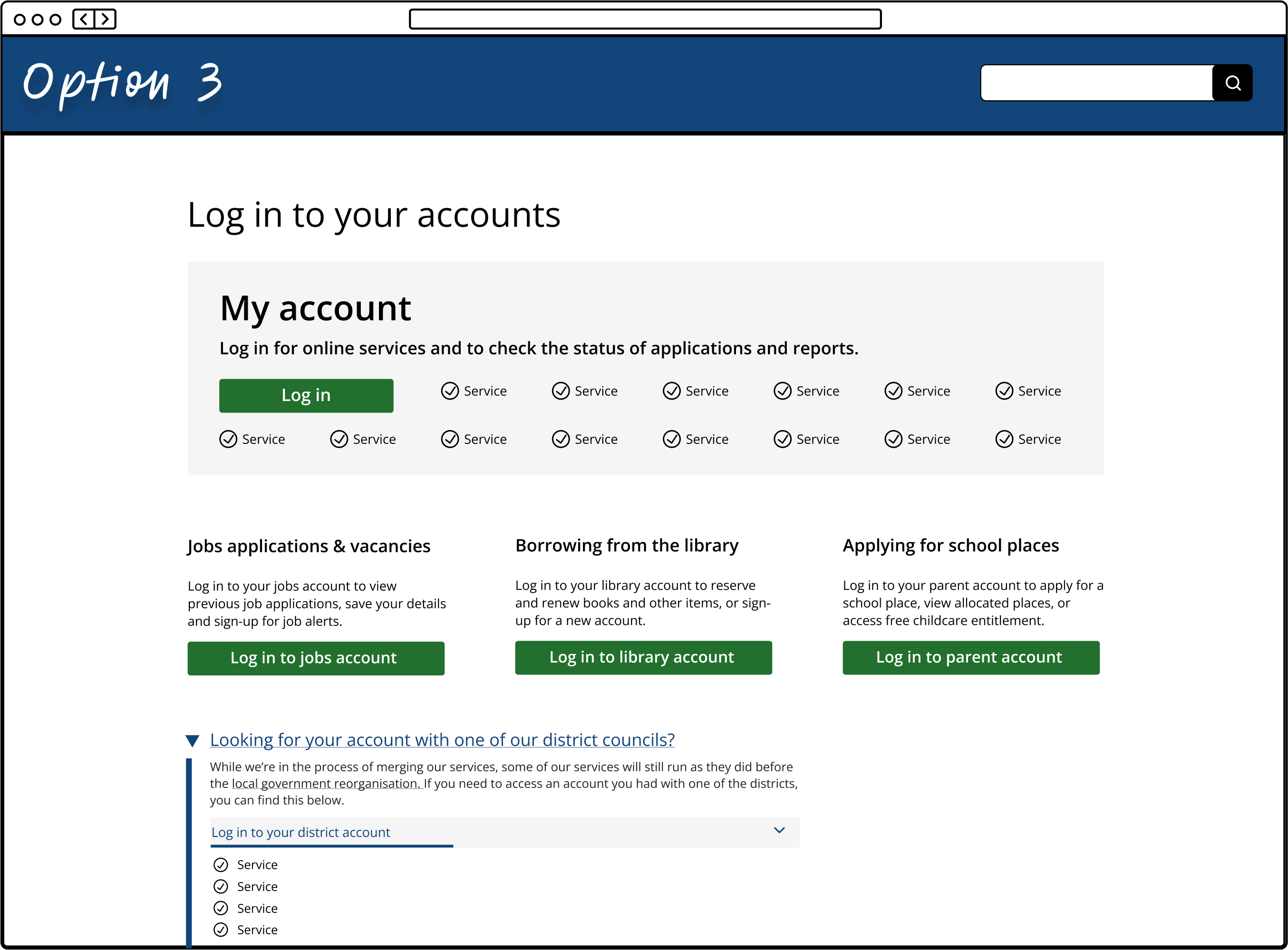 A my account option showing one main account, 3 minor accounts and the district accounts within links.