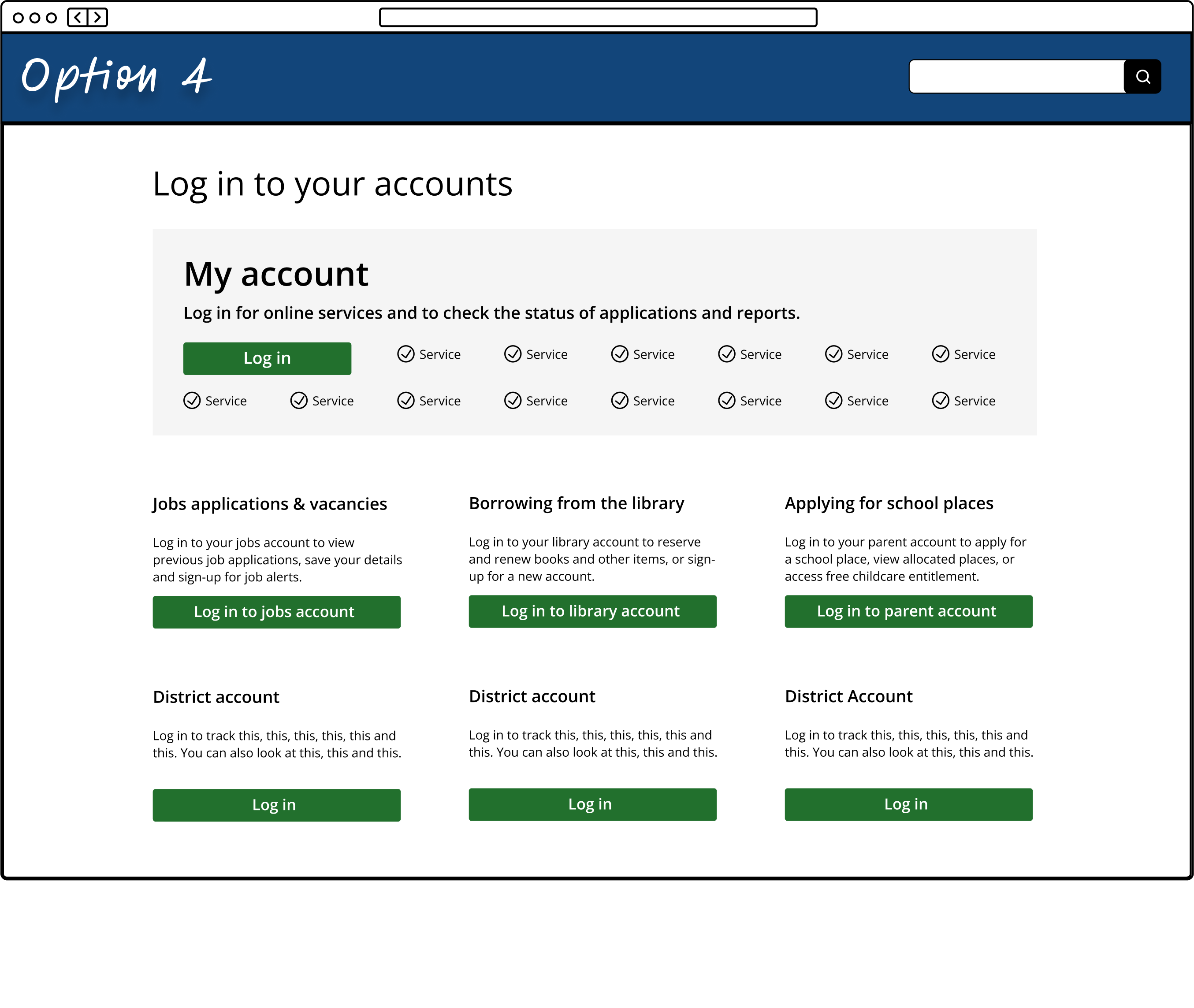 A my account page option showing one main account and 6 minor accounts that include district account options
