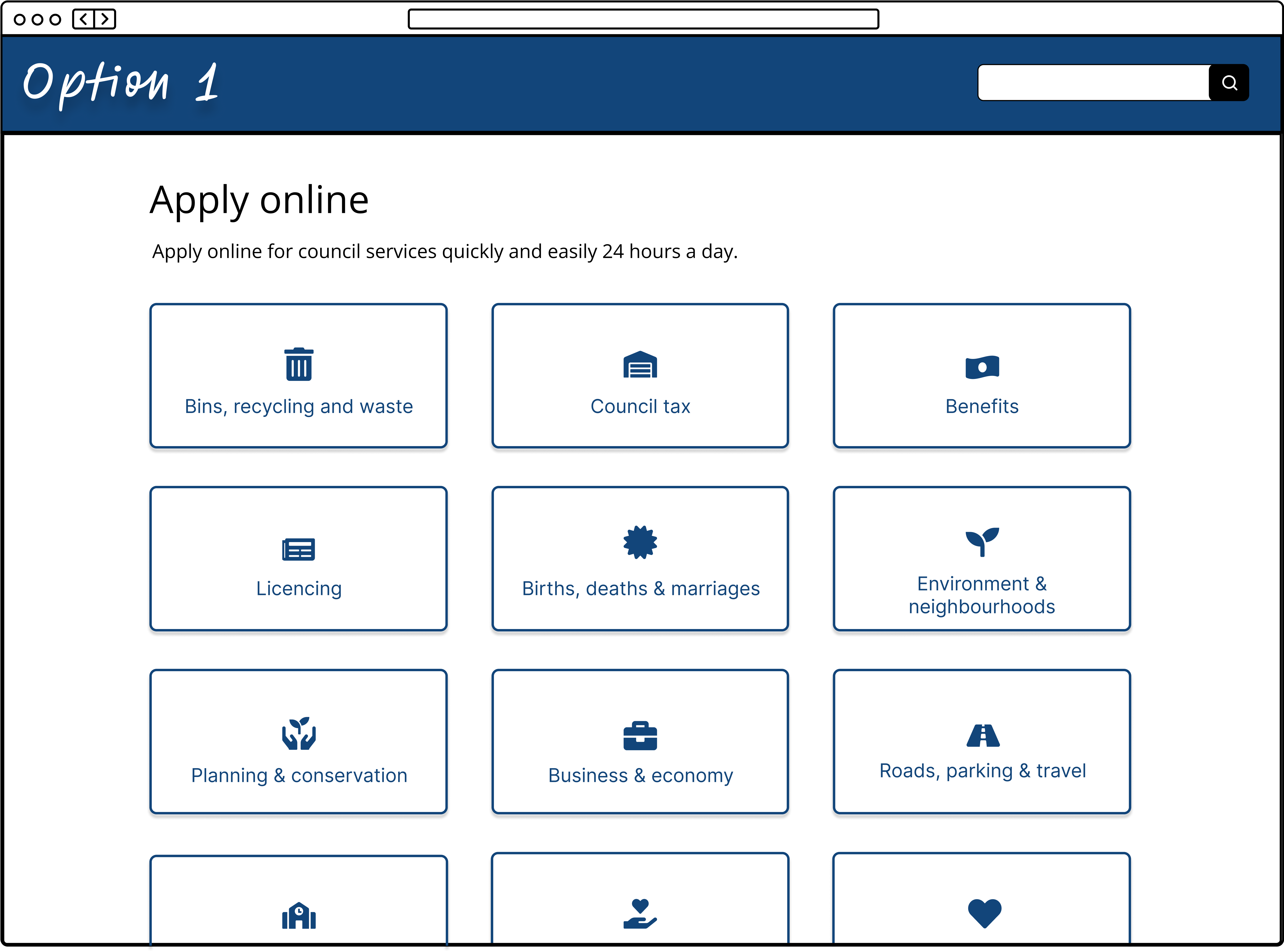 An apply page option showing panels of categories