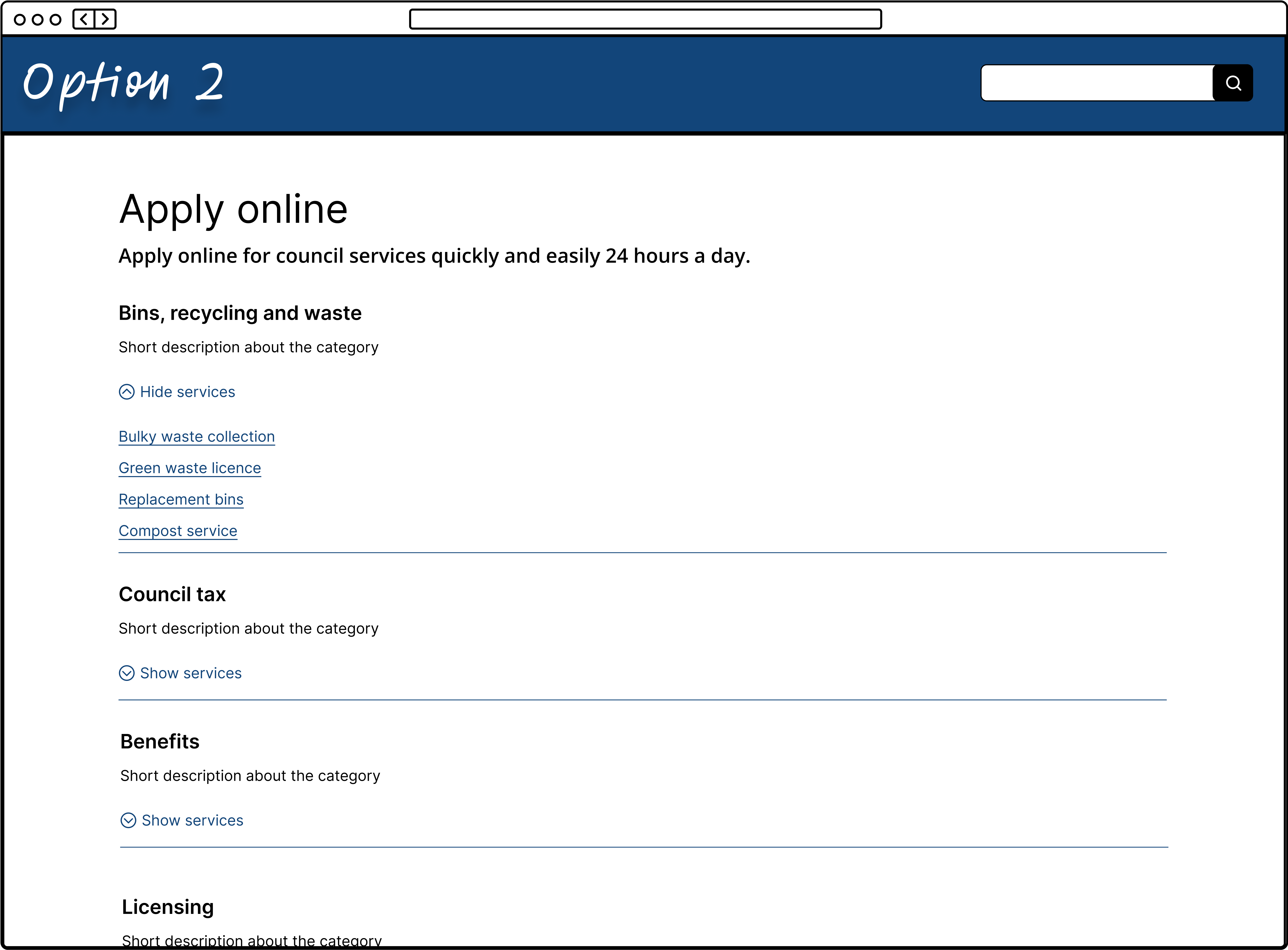 An apply page option showing categories organised in dropdowns