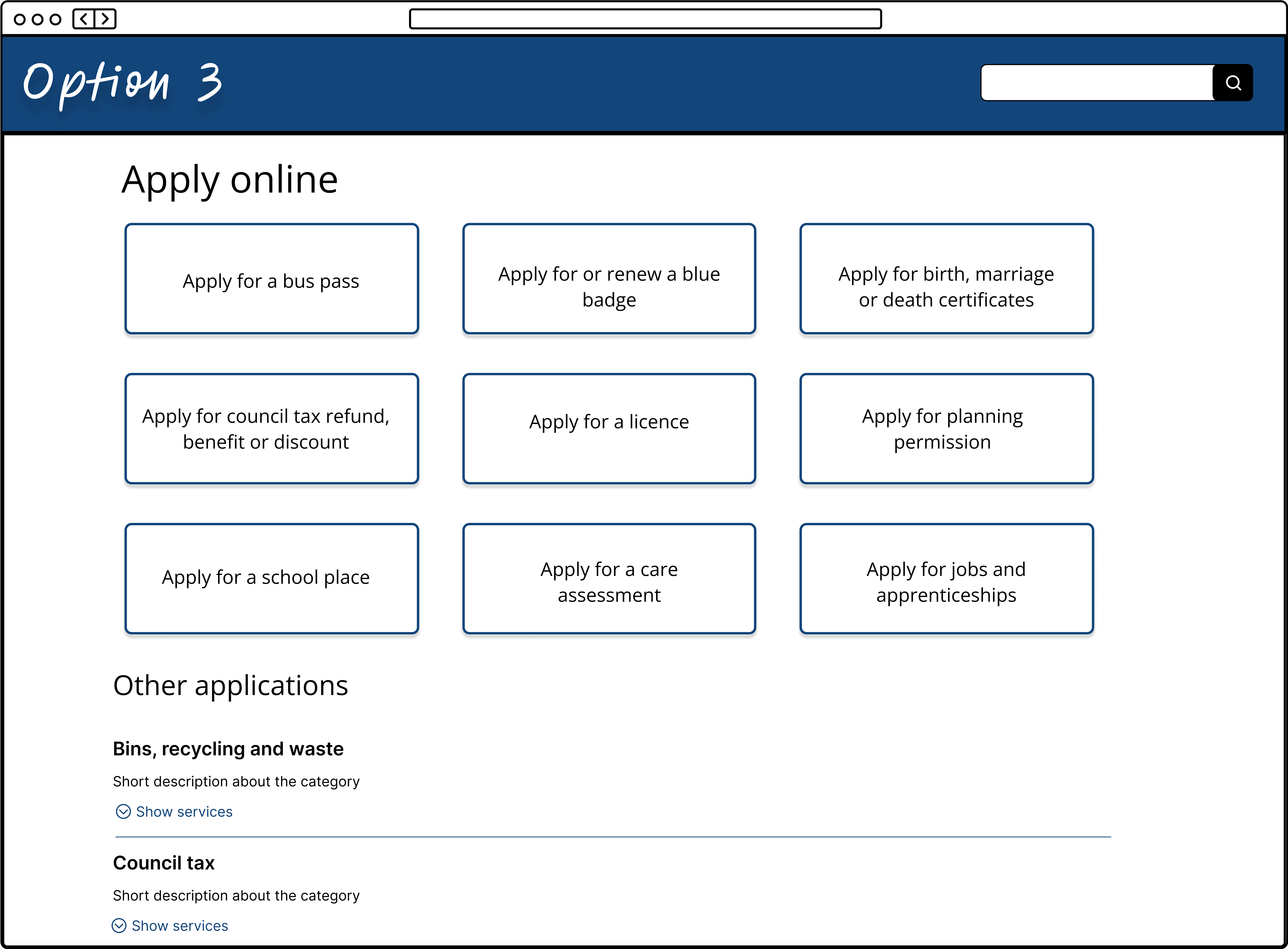 An apply page option showing the main applications in panels and the categories listed in dropdowns