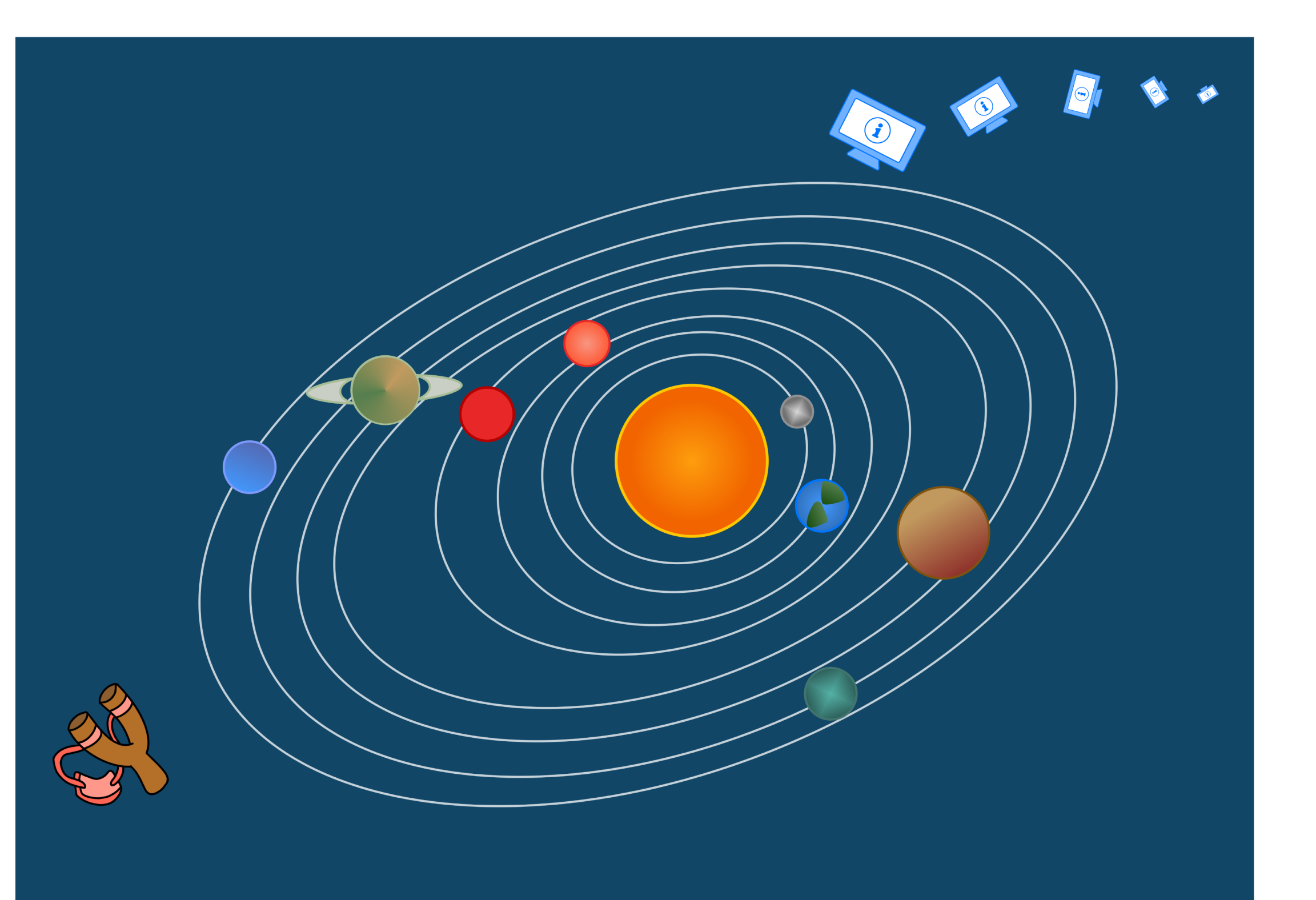 Illustration of an IT help centre being catapulted out of the solar system