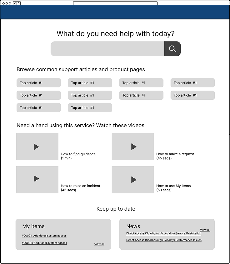 A homepage design option with search at the top and focusing on popular articles and how-to videos