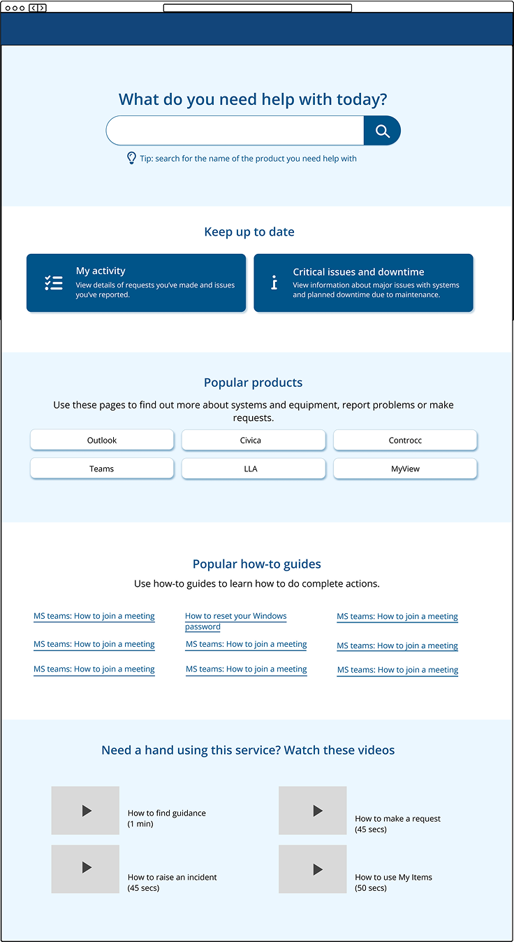 A homepage design option with search at the top, with the keep up to date panels in dark blue for emphasis directly below. Popular product pages in panels, how-to guides as text links, videos at the bottom