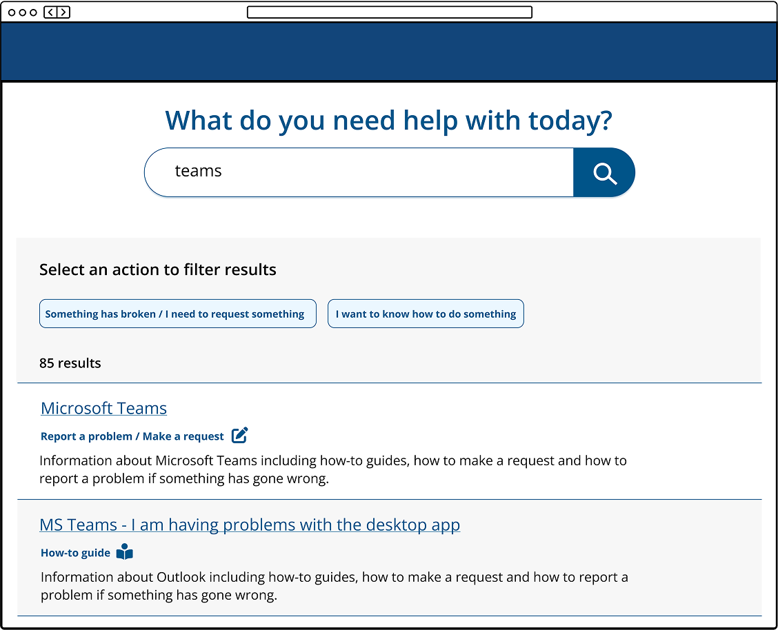 The new search page design, showing a less busy design with simple filter options and simple search result text..